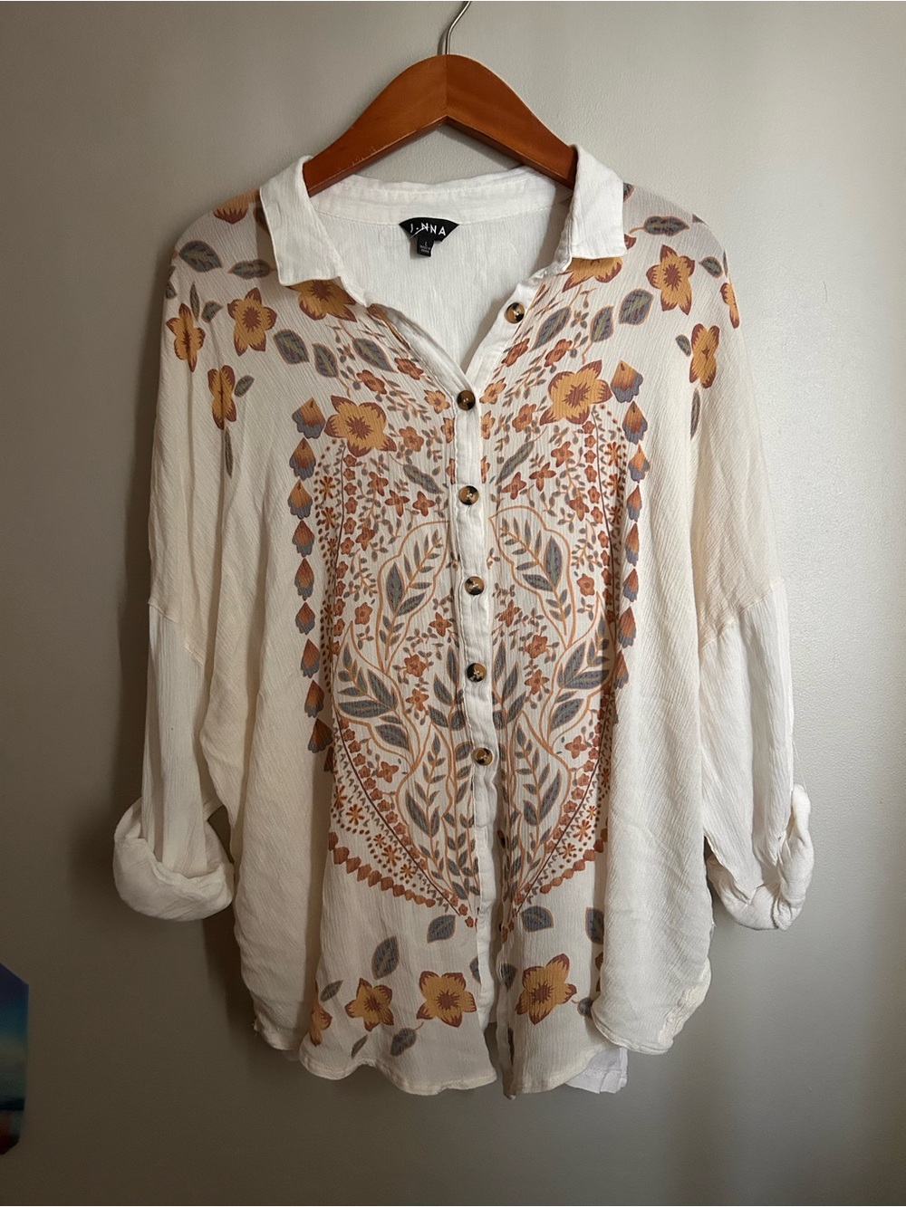 Women’s boho Cream Floral Button-Front Blouse